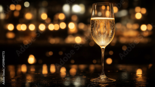 Elegant single wine glass with bubbly beverage festive background lights.