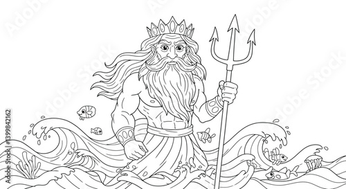 Kid Friendly Poseidon with Trident and Ocean Life for Coloring