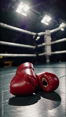 Pair of red boxing gloves on ring floor under bright lights, boxing sport concept, fight night scene photo