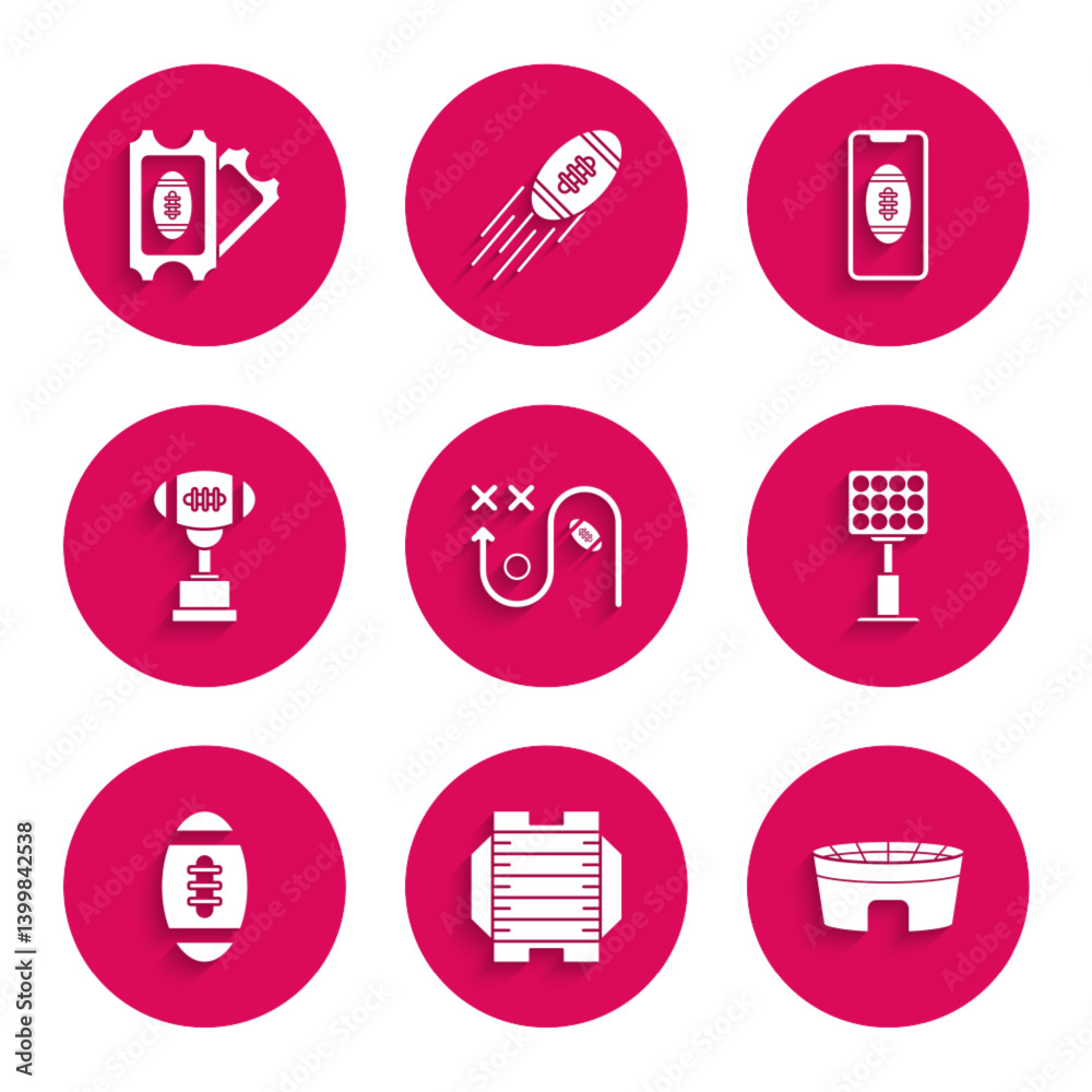 Set Planning strategy concept, American football field, Football stadium, Bright lights, Award cup and, Smartphone with american the screen and ticket icon. Vector Set Planning strategy concept, American football field, Football stadium, Bright lights, Award cup and, Smartphone with american the screen and ticket icon. Vector