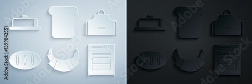 Set Croissant, Kitchen apron, Bread loaf, Oven, toast and Strawberry cheesecake slice icon. Vector