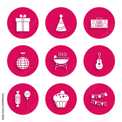 Set Barbecue grill, Muffin, Carnival garland with flags, Guitar, Lollipop, Disco ball, Home stereo two speakers and Gift box icon. Vector