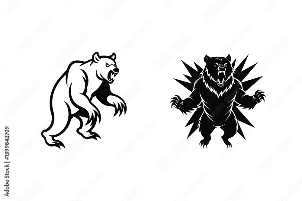 Obraz premium Black And White Silhouette Illustration Of Aggressive Bears Ready To Attack With Sharp Claws