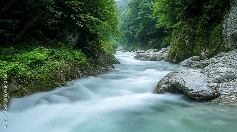 Serene River Flowing Through Lush Green Gorge Serene River Flowing Through Lush Green Gorge