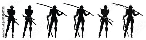 A beautiful woman in an elegant pose with a long katana on her shoulder, she is an armored fighter with long legs and short hairstyle. 2d art. Ink blots and splashes