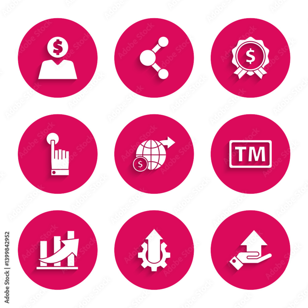 Set Earth globe with dollar, Arrow growth gear business, Money on hand, Trademark, Financial coin, Hand touch tap gesture, Price tag and Business man planning mind icon. Vector Set Earth globe with dollar, Arrow growth gear business, Money on hand, Trademark, Financial coin, Hand touch tap gesture, Price tag and Business man planning mind icon. Vector