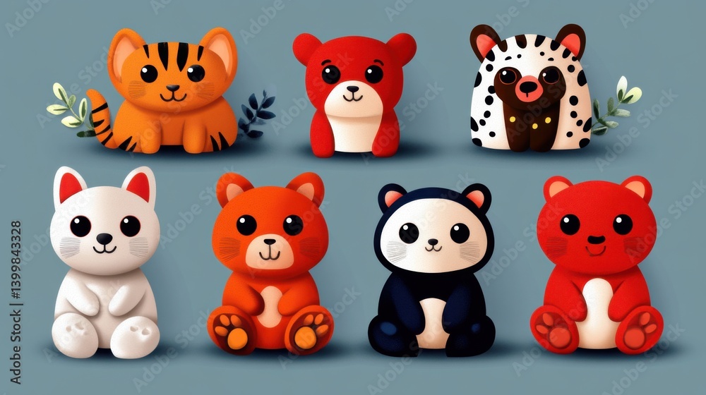 Fototapeta premium Vector animal illustration set, cute characters in flat modern style with big eyes