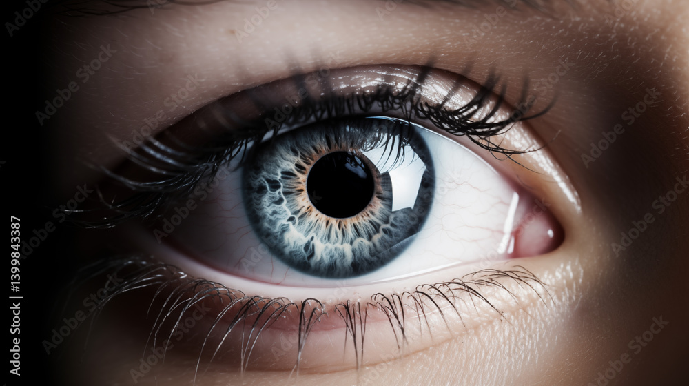 Fototapeta premium A close up shot of a human eye with detailed iris and eyelashes in a dark and moody setting