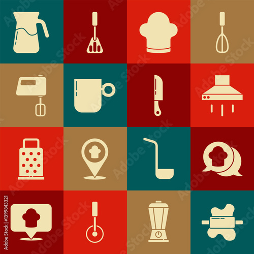 Set Rolling pin on dough, Chef hat speech bubble, Kitchen extractor fan, Coffee cup, Electric mixer, Jug glass with water and Knife icon. Vector