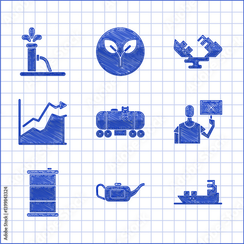 Set Oil railway cistern, Canister for motor oil, tanker ship, Nature saving protest, Barrel, price increase, Wrecked and pump pump jack icon. Vector