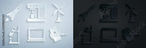 Set Laptop, Wind turbine, Test tube flask on fire, Wireless charger, Coffee machine and Rocket ship with icon. Vector