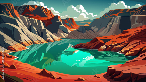 Lake Bordered by rocky cliffs landscape under harsh midday sun, The water is a rich emerald green, perfectly still, reflecting the bold rock colors deep bronze, grey, and crimson