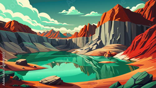 Lake Bordered by rocky cliffs landscape under harsh midday sun, The water is a rich emerald green, perfectly still, reflecting the bold rock colors deep bronze, grey, and crimson