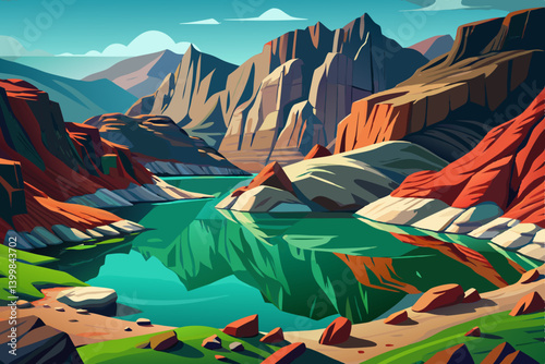 Lake Bordered by rocky cliffs landscape under harsh midday sun, The water is a rich emerald green, perfectly still, reflecting the bold rock colors deep bronze, grey, and crimson