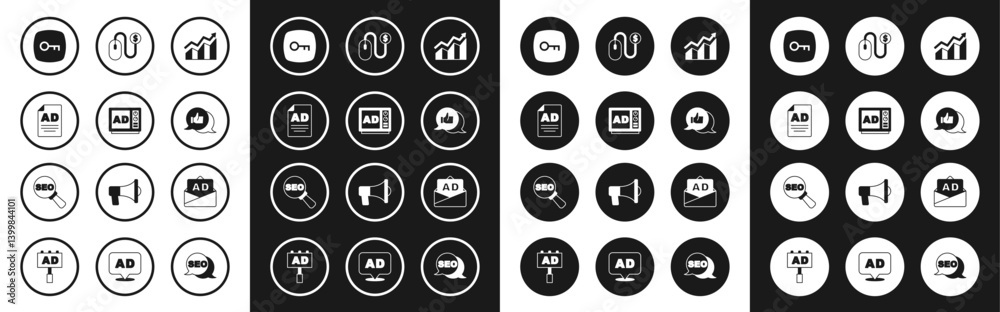 Set Financial growth increase, Advertising, Key, Customer product rating, and SEO optimization icon. Vector