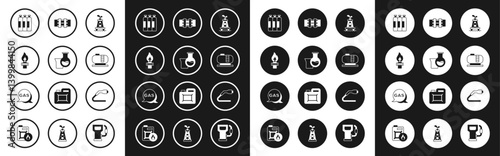 Set Oil rig, petrol test tube, with fire, Industrial gas cylinder tank, storage, Metallic pipes and valve, Electrical cable plug charging and Location station icon. Vector