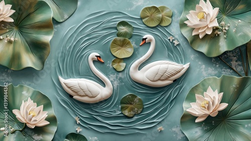 Elegant white swans gliding serenely in a tranquil pond setting