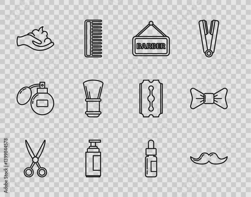 Set line Scissors hairdresser, Mustache, Barbershop, Cream lotion cosmetic tube, Shaving gel foam hand, brush, Glass bottle with pipette and Bow tie icon. Vector