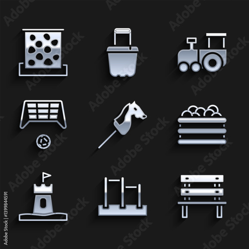 Set Toy horse, Horizontal bar, Bench, Pool with balls, Sand tower, Soccer goal, train and Climbing wall icon. Vector