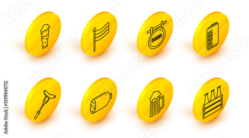 Set line Pack of beer bottles, Wooden mug, Salami sausage, Sausage on the fork, Beer can, Street signboard with inscription, National Germany flag and Glass icon. Vector
