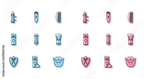 Set line Scissors hairdresser and shield, Shaving gel foam, Classic Barber shop pole, Mustache beard, brush, and Electrical clipper shaver icon. Vector