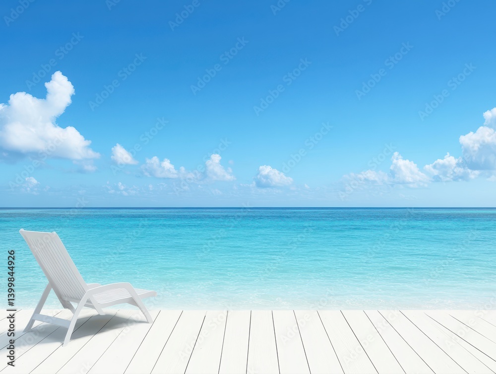 Obraz premium Serene and Inviting White Chaise Lounge on a Crisp White Wooden Dock with a Breathtaking View of Turquoise Ocean and Clear Blue Sky with Clouds