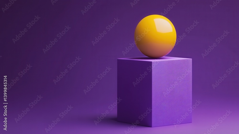 A vibrant yellow sphere rests atop a textured purple cube against a smooth purple background, creating a modern and minimalist aesthetic. A vibrant yellow sphere rests atop a textured purple cube against a smooth purple background, creating a modern and minimalist aesthetic.
