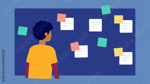 Job Search Bulletin Board A person looking at a bulletin board filled with job listings sticky notes and flyers with a confused or determined look on their face.
