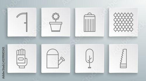 Set line Garden gloves, Flower in pot, Watering can, Tree, saw, Trash, fence wooden and Scythe icon. Vector