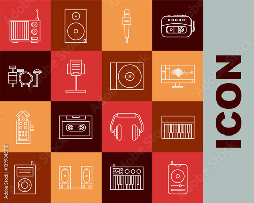 Set line Music player, synthesizer, Sound or audio recorder on monitor, Microphone, stand, Drums, Radio with antenna and CD DVD disk icon. Vector