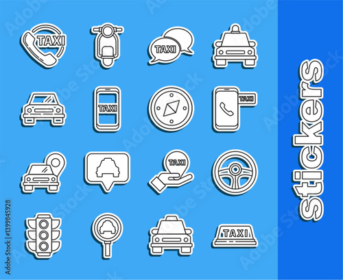 Set line Taxi car roof, Steering wheel, call telephone service, Car, and Compass icon. Vector
