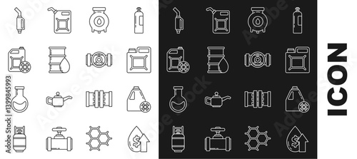 Set line Oil price increase, Antifreeze canister, Canister for gasoline, and industrial factory building, Barrel oil, Gasoline pump nozzle and Industry metallic pipes valve icon. Vector