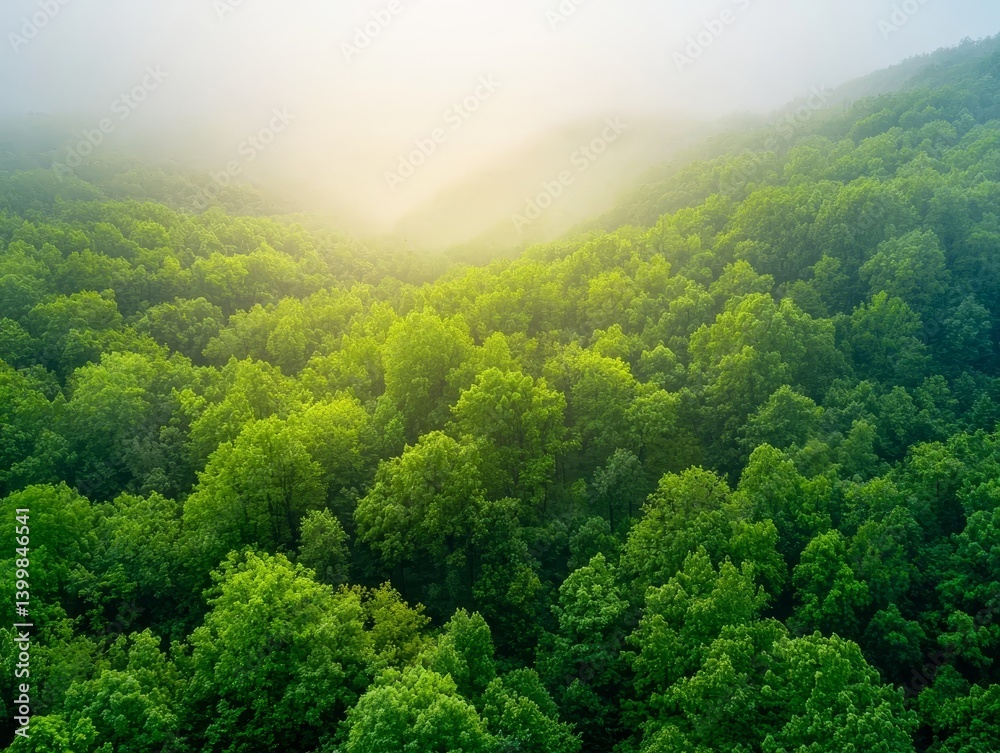 Obraz premium Aerial view of lush green forest with fog and sunlight peeking through the trees