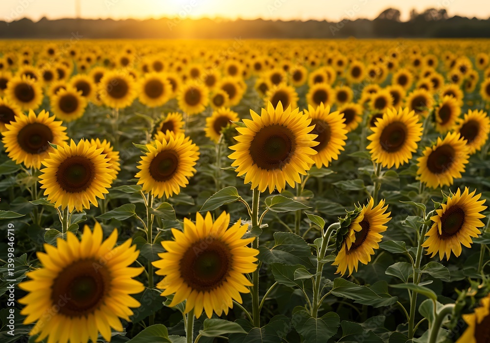 Obraz premium Sunflower Field at Sunset with Golden Light Shining Through the Horizon