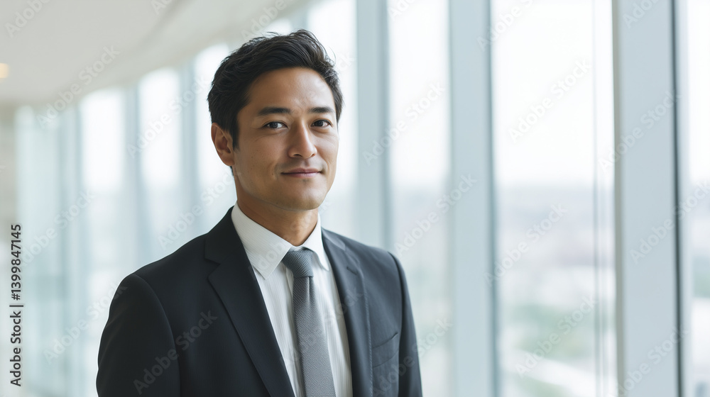 Confident Asian Businessman Smiling Gently in Front of Window Confident Asian Businessman Smiling Gently in Front of Window
