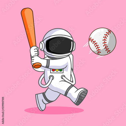 Cute Astronaut hitting ball with baseball bat Vector illustration Cartoon Design