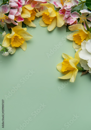 Daffodils and spring flowers creating a floral border on pastel green background