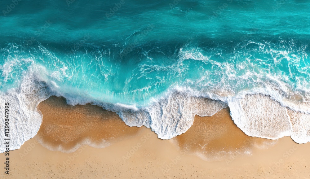 Fototapeta premium Aerial view of turquoise waves crashing on a sandy beach.