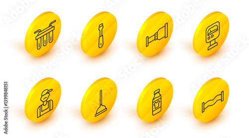 Set line Industry metallic pipe, Bottle for cleaning agent, Rubber plunger, Plumber, Pressure water meter, Pipe adapter, Screwdriver and Water filter icon. Vector