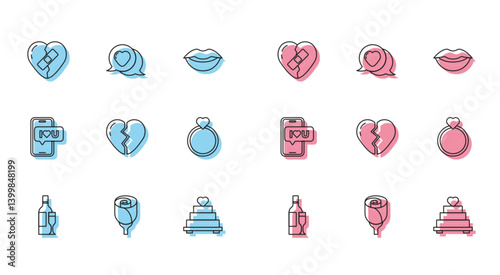 Set line Champagne bottle, Flower rose, Healed broken heart, Wedding cake with, Broken, rings, Mobile and Heart speech bubble icon. Vector