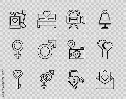 Set line Key in heart shape, Envelope with Valentine, Cinema camera, Gender, Two blanks photo frames and hearts, Male gender symbol, Castle the of key and Balloons form ribbon icon. Vector