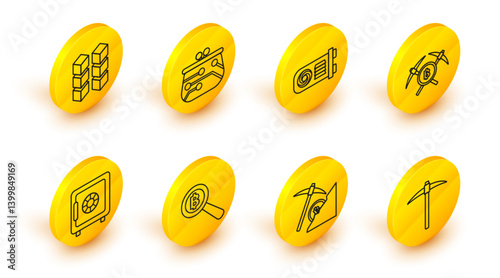 Set line Pickaxe, Cryptocurrency cloud mining, Magnifying glass with Bitcoin, Safe, Crossed pickaxe, Mining farm, wallet and Blockchain technology icon. Vector