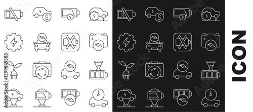 Set line Electric car, Battery charge, Eco nature leaf battery, Low, Gear and lightning, and icon. Vector