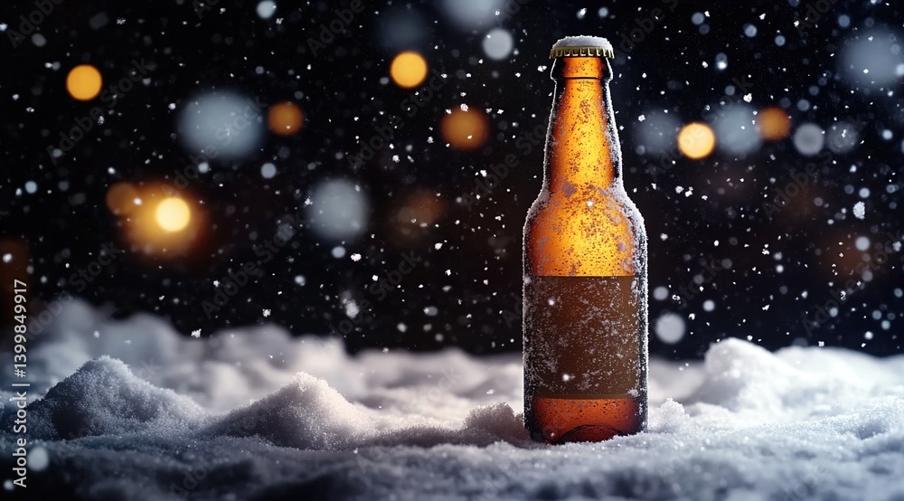 A frosted brown beer bottle emitting warm internal glow atop thick snowdrifts in a snowy night, falling snowflakes illuminated by ambient light A frosted brown beer bottle emitting warm internal glow atop thick snowdrifts in a snowy night, falling snowflakes illuminated by ambient light