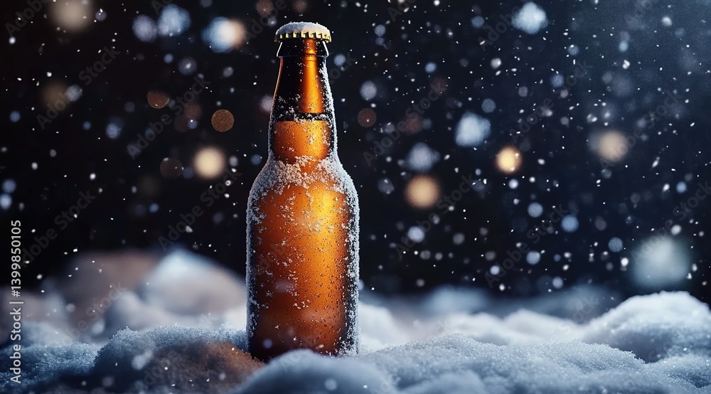 A frosted brown beer bottle emitting warm internal glow atop thick snowdrifts in a snowy night, falling snowflakes illuminated by ambient light A frosted brown beer bottle emitting warm internal glow atop thick snowdrifts in a snowy night, falling snowflakes illuminated by ambient light