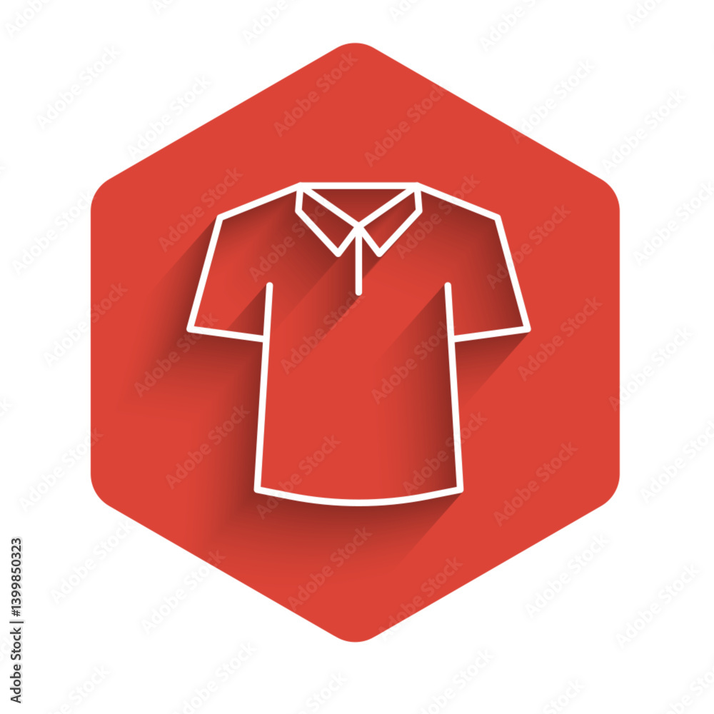 White line Shirt icon isolated with long shadow background. Red hexagon button. Vector White line Shirt icon isolated with long shadow background. Red hexagon button. Vector