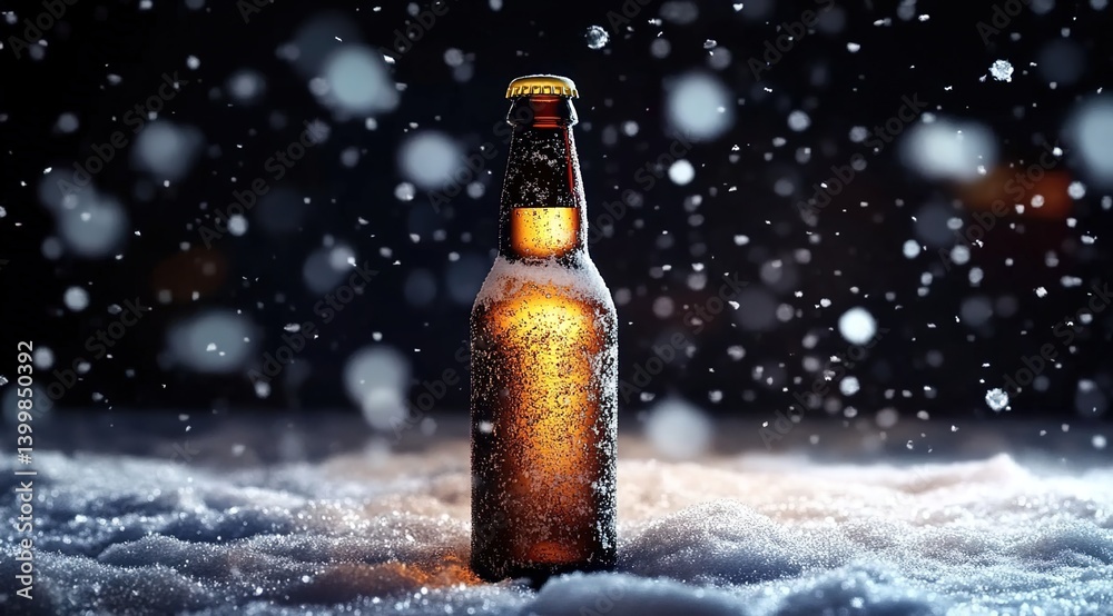 A frosted brown beer bottle emitting warm internal glow atop thick snowdrifts in a snowy night, falling snowflakes illuminated by ambient light A frosted brown beer bottle emitting warm internal glow atop thick snowdrifts in a snowy night, falling snowflakes illuminated by ambient light