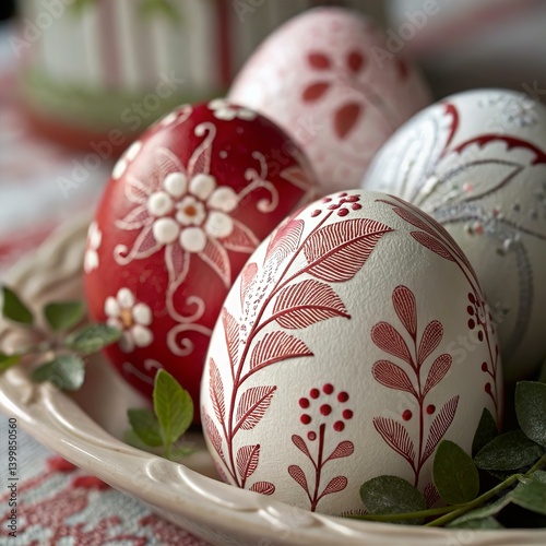 Elegant Hand-Painted Easter Eggs Red White Floral Design Festive Spring Decor Table Decoration