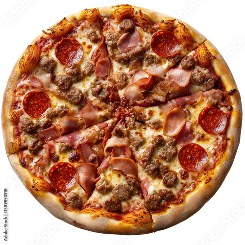 Savory meat lover’s pizza topped with pepperoni, ham, and sausage on melted cheese and golden crust, isolated on transparent background.