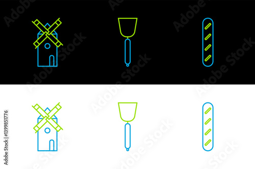 Set line French baguette bread, Windmill and Spatula icon. Vector